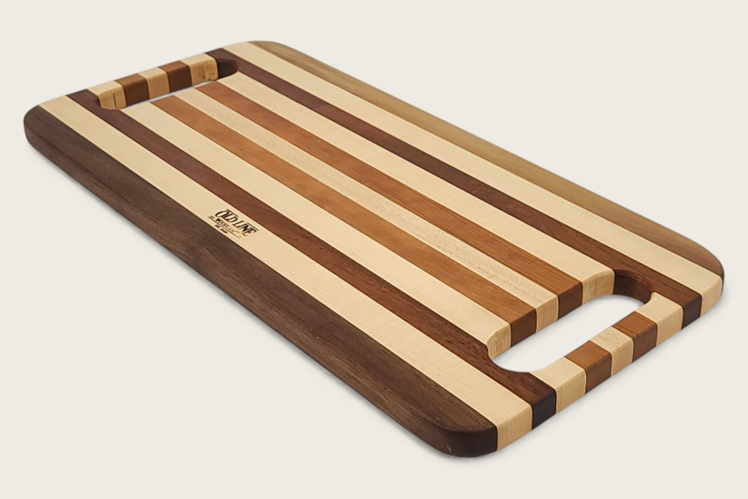 Original Maple Striped Charcuterie Board with edge-grain maple, walnut, mahogany, and cherry in a rectangular shape.
